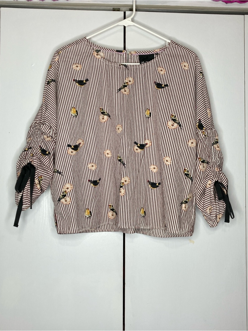 Nanette Lepore Nautical Preppy Striped Cotton Blouse Novelty Print Bird Floral S